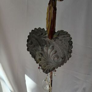 Rustic Embossed Meyal Heart With Wired Ribbon Hanging Crystals
